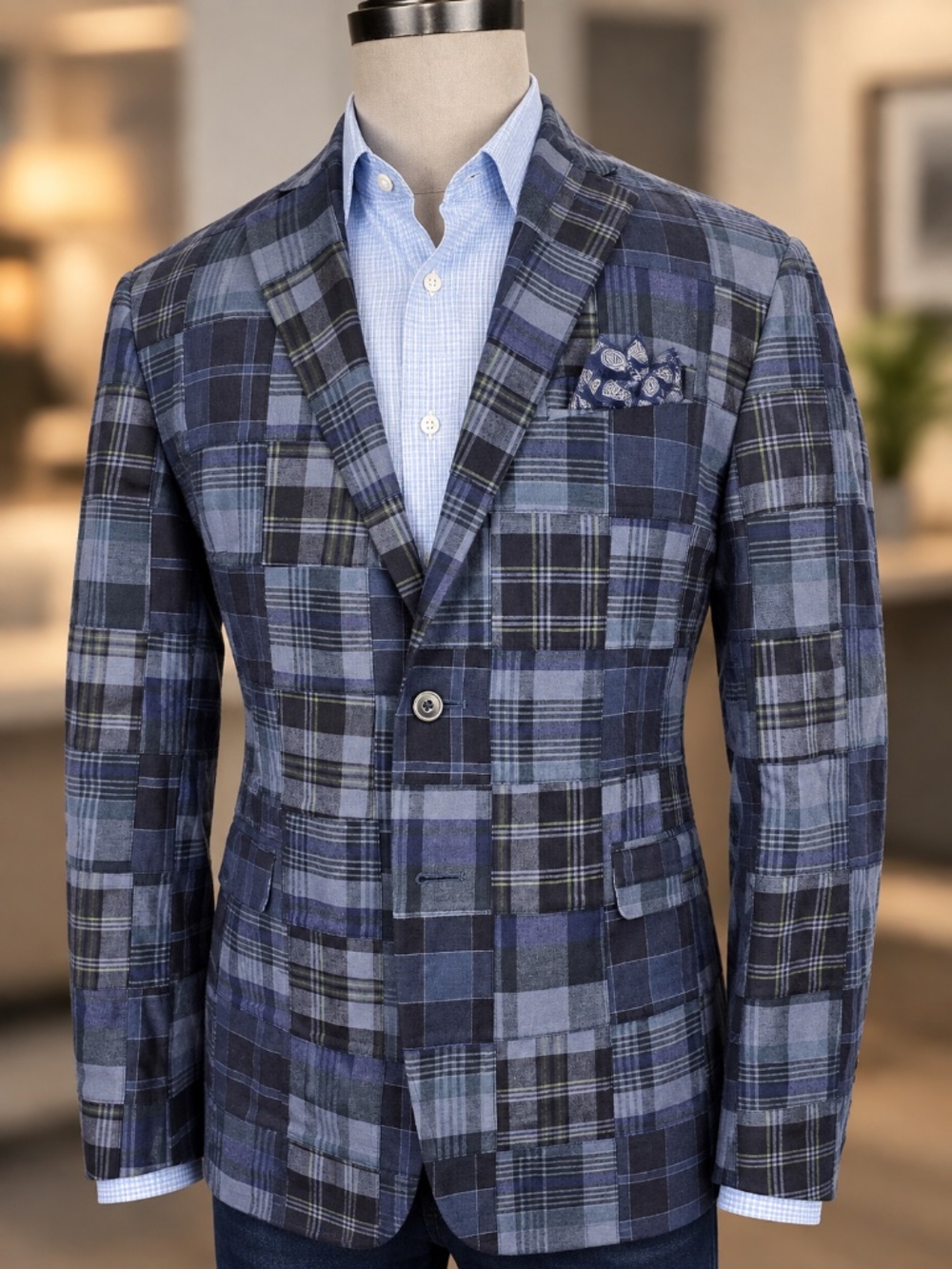 Jos. A. Bank 1905 Collection Patchwork Madras Sport Coat Blazer Blue Plaid 40R